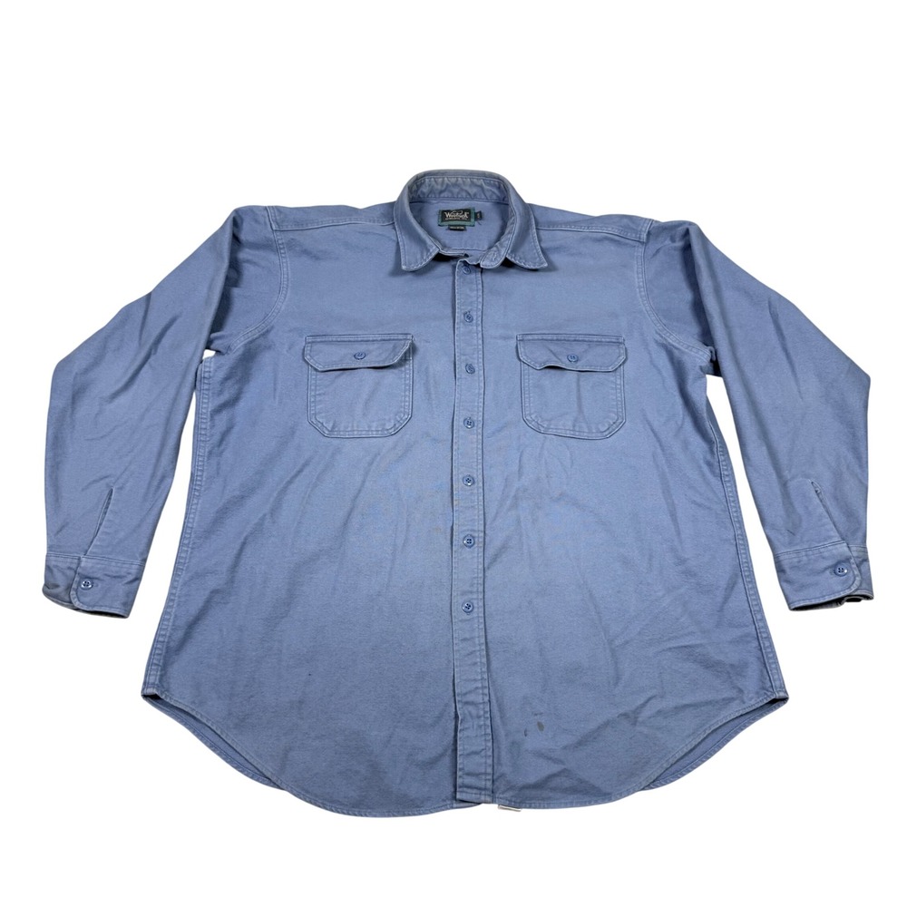 Vintage 90s Woolrich XXL Blue Cotton Flannel Long Sleeve Work Shirt Shacket USA
